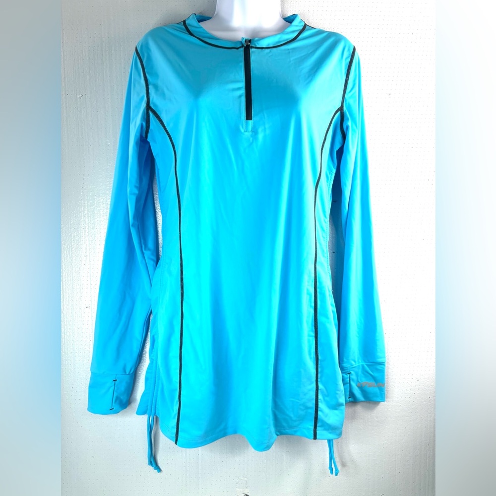 KP Sun L Rashguard Mini Dress Tunic Top Side Scrunch Thumb Hole Top in Turquoise